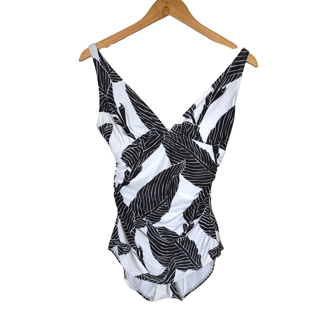 Tommy Bahama Relax One Piece Swimsuit 10 Black White Ruched Tropical Resortwear